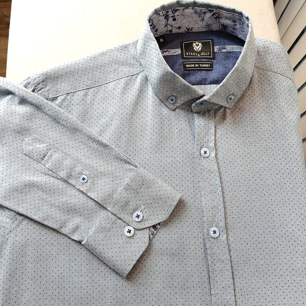 Steel & Jelly Blue Dots Button Up Shirt Mens M long sleeves contrast fabric